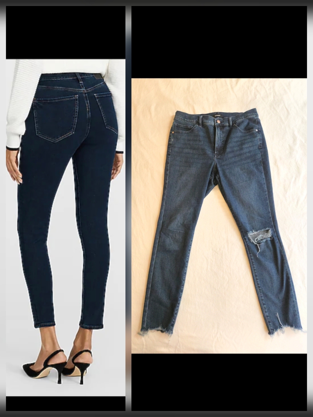 Express 12R Dark Blue Cropped Skinny Jeans Distressed Knee Raw Hem HAL3